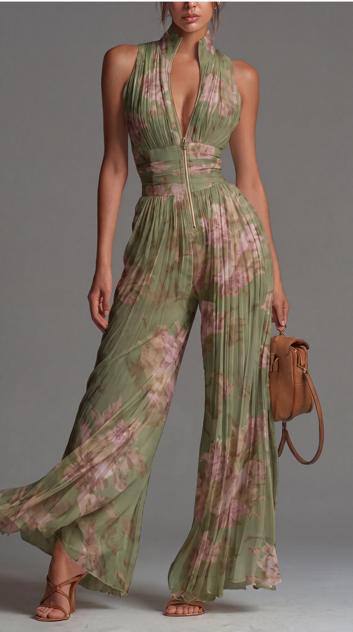 Tuta in chiffon floreale plissé dal fascino romantico e mediterraneoV