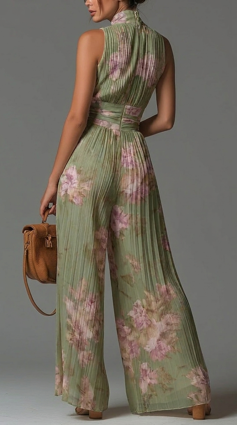 Tuta in chiffon floreale plissé dal fascino romantico e mediterraneoV