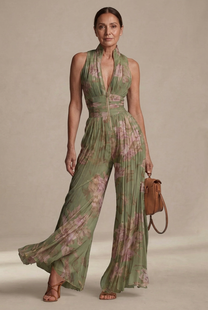 Tuta in chiffon floreale plissé dal fascino romantico e mediterraneoV