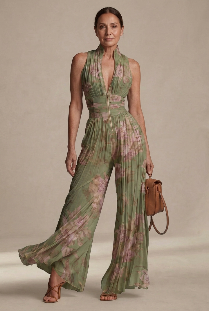 Tuta in chiffon floreale plissé dal fascino romantico e mediterraneoV